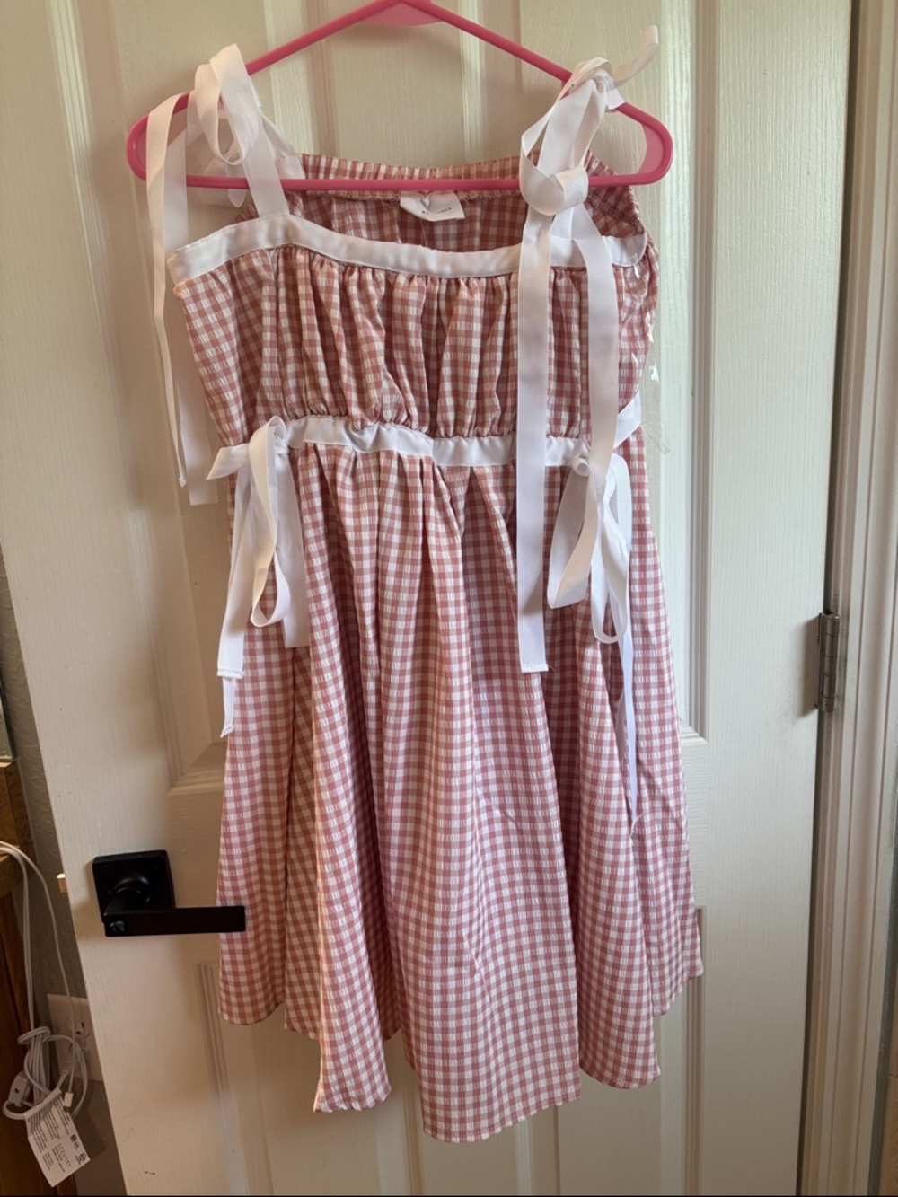 Kori Pink Gingham Midi Dress with White Ribbon Ties